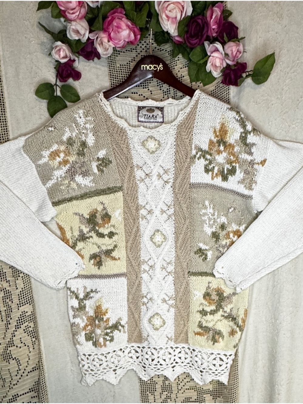 Tiara International Hand Knit Sweater XL Floral  Cottage Core Romantic Grandma